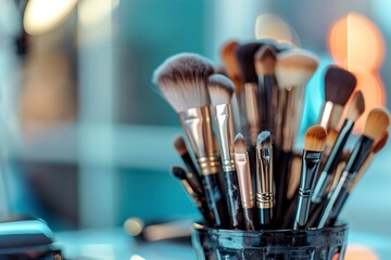 Holder with makeup brushes on table