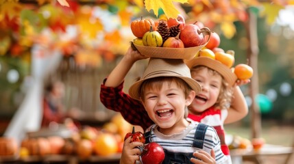 Fototapeta premium Three children are laughing joyfully while holding a basket filled with various fruits during a fall harvest activity, expressing happiness and playful spirits in the fall scenery.