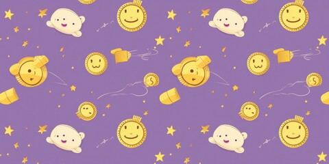 Fun Piggy Banks and Golden Coins Pattern for Children's Financial Education on Light Purple Background