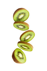 Sliced kiwi fruit flying in the air on transparent background