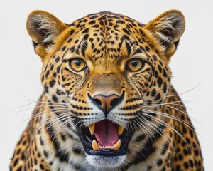 Obraz premium Fierce leopard portrait, Panthera pardus, roaring with mouth open, sharp teeth visible, golden fur, whiskers framing face, intense gaze directly at camera, isolated transparent background.