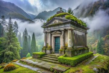 Fototapeta premium Majestic marble mausoleum monument with mature moss growing on majestic manifold momentum memorial markers midst mystical morning misty mountainous landscape background.