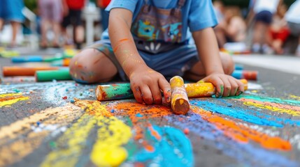 Obraz premium Children's hands and legs covered in colorful chalk as they enthusiastically draw on the pavement, surrounded by other children and adults in an outdoor community event.