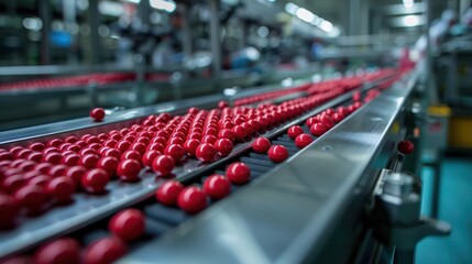 Obraz premium Red pill production and packaging in a pharmaceutical factory