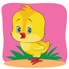 The picture shows a yellow chicken standing on the ground among greenery.