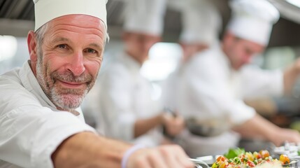 A happy chef smiling radiantly in the kitchen with his team, preparing food together, showcasing teamwork and culinary skills, with focus on a cheerful work environment.
