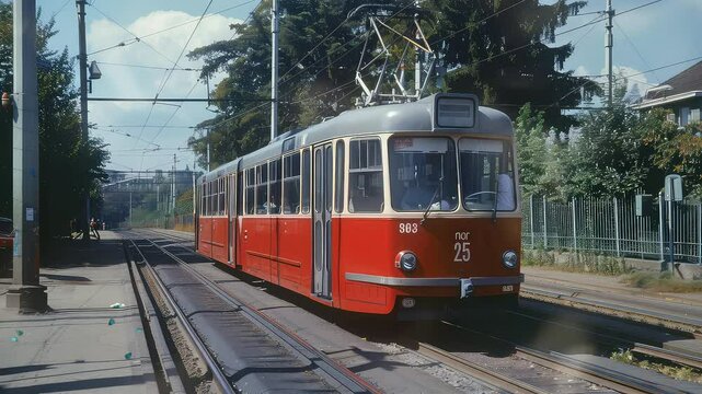 Animation Red tram on city tracks with overhead wires generated with ai
