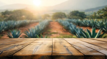 close up of rustic empty wooden table with blurred mexican agave field farm background