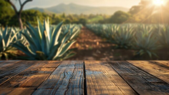 close up of rustic empty wooden table with blurred mexican agave field farm background