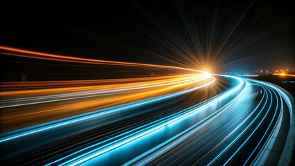 Obraz premium Light trails on highway at night, blue and orange streaks symbolizing energy and technology advancement,generative ai