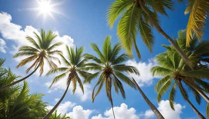 Obraz premium palm leaves on blue bright cloudy sky sunshine tropical beach 2