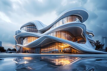 Obraz premium Futuristic Metallic and Glass Architectural Design with Sleek Organic Curves and Reflective Surfaces
