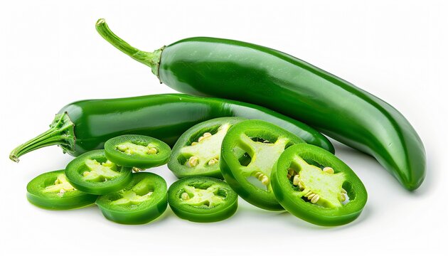 Two whole jalape&ntilde;o peppers with multiple slices, isolated on a white background
