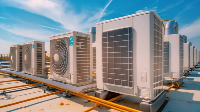 An air conditioning unit on a roof with blue skies in the background