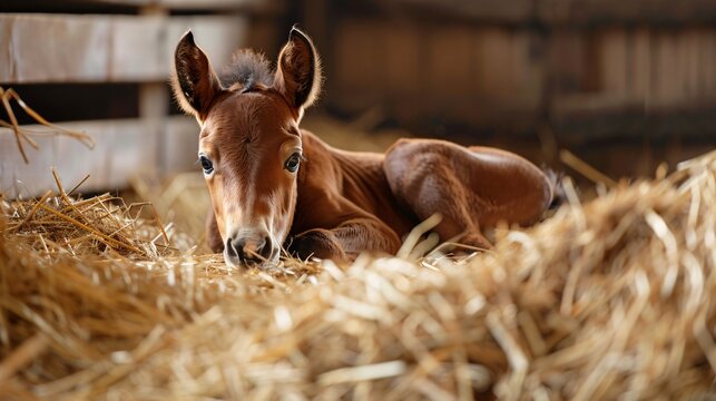 A brown foal lies in a stall filled with hay, looking up with large, dark eyes