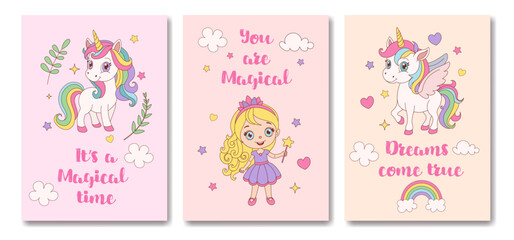 Children's magical posters. A set of three unicorn cards with a girl holding a wand and a rainbow. The cards say 