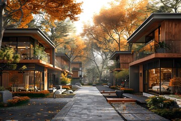 Fototapeta premium Cozy Autumnal Cottage Style Community with Shared Living Spaces in Warm Natural Setting