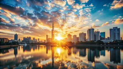 Fototapeta premium Sun setting over Shanghai skyline, creating a stunning silhouette of buildings against the colorful sky,generative ai