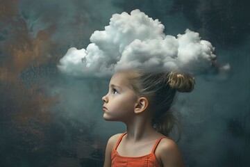 little girl thinking with a cloud over her head