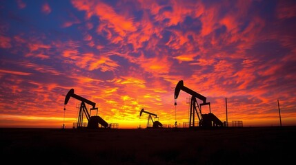Fototapeta premium Multiple oil pumpjacks operating at sunset
