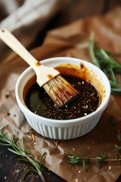 Marinade in bowl and basting brush on brown table
