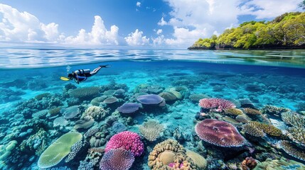 Naklejka premium Explore the underwater world of colorful corals and marine life at