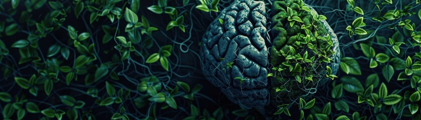Fototapeta premium Conceptual image of a brain integrated with greenery, symbolizing nature and human thought connection, surrounded by lush foliage.