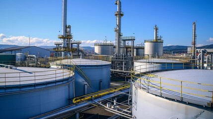 An industrial acid plant with large storage tanks and complex piping systems
