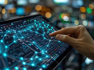 Obraz premium Digital Control: Person Using Tablet for IoT Devices in Futuristic Workspace with Advanced Technology Integration