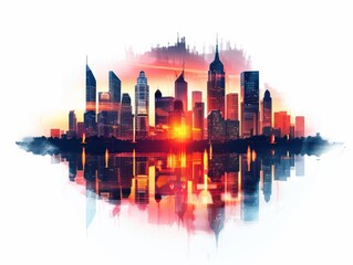 Obraz premium Artistic rendering of a cityscape reflected on water during sunset, featuring vibrant colors and modern skyscrapers. 