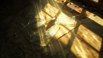 Broken Window with Sun Rays: Sun rays streaming through a broken window, casting dramatic shadows and highlights on the floor.
