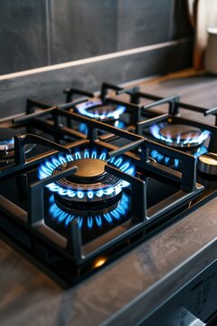 Modern kitchen stove with burning gas closeup