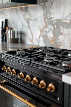 Modern kitchen stove with burning gas closeup