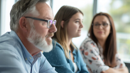 Obraz premium Management team listening attentively to the consultant, focused and respectful, left third copy space