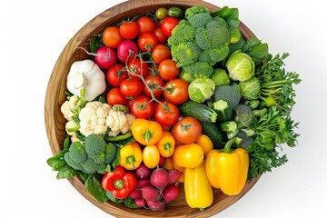 Mix of fresh vegetables in wooden bowl on white background