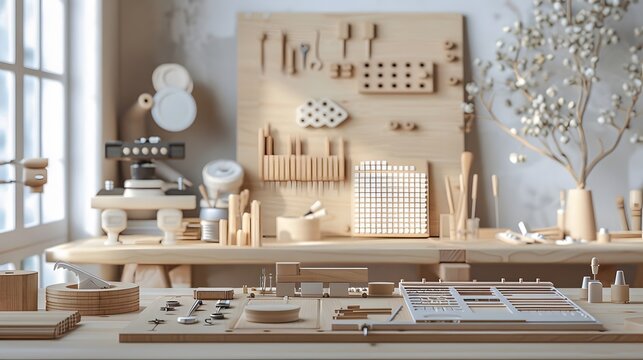 Natural wooden workspace with tools spread out and negative space