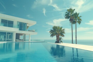 Fototapeta premium Modern beachfront villa with infinity pool offering stunning ocean views creating a luxurious and serene vacation retreat