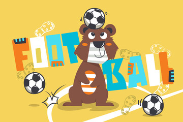 Cute teddy bear playing football isolated on yellow background illustration vector, for t-shirt print.