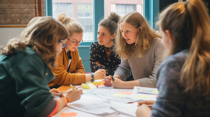 Team participating in a hands-on activity or workshop, interactive and involved, upper third copy space