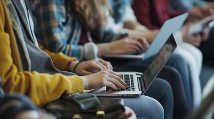 Team using laptops or tablets during the lecture, modern and tech-savvy, upper third copy space