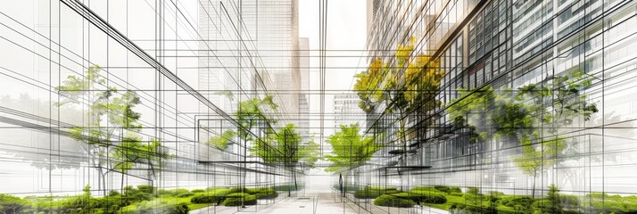 Idea and implementation of urban design, drawing line of modern buildings and green strips with trees and bushes, Urban Planning, Architecture design.