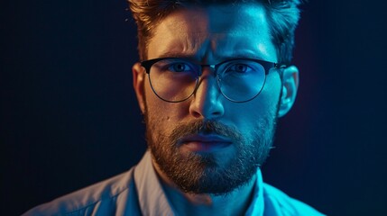 Fototapeta premium A young man with a beard and glasses stares directly at the camera, illuminated by bright blue light
