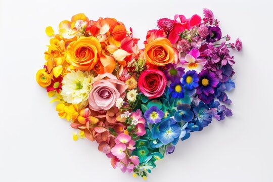 vibrant rainbow heart made of blooming flowers on white lgbtq love concept illustration