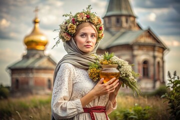 Obraz premium The concept of the Russian Orthodox holiday Honey Savior. A beautiful girl in Russian national clothes and a scarf with a jar of honey on the background of an Orthodox church.