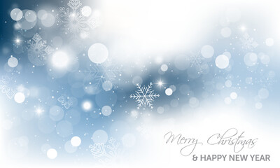 Merry Christmas and Happy New Year Snowflakes Background with Bokeh Lights.