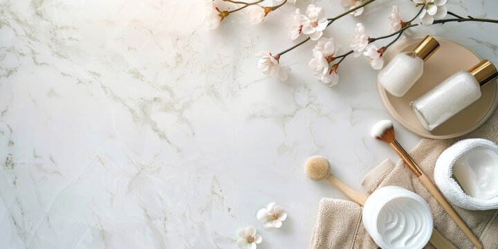 Luxurious skincare products and accessories are elegantly displayed on a marble surface, enhanced by blossoms, to create a chic and sophisticated atmosphere for a pampering experience