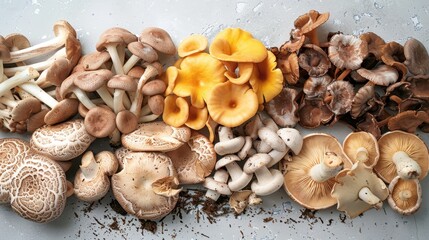 Three mushrooms are sitting on a wooden table. The mushrooms are different sizes and have different textures. The table is in a kitchen setting