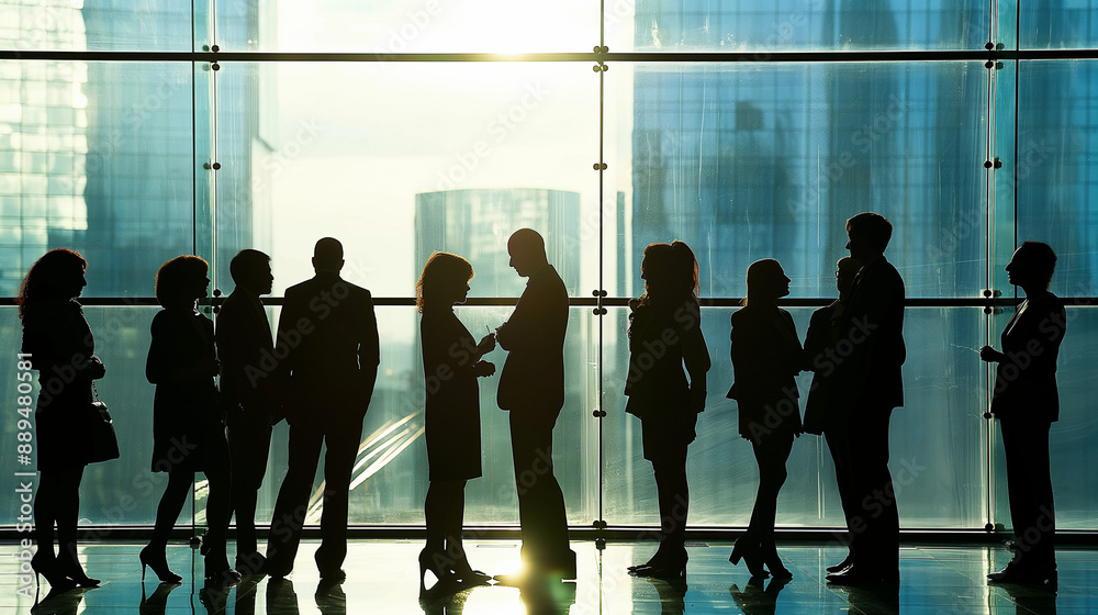Wall mural management team networking and discussing during a break, social and professional, upper third copy 