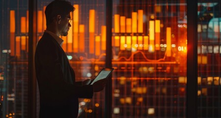 Profit Growth Analysis: Businessman with Stock Tablet and Market Economy Graph on Digital Money Background.