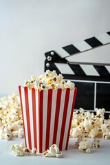 popcorn box with clapper board on white background